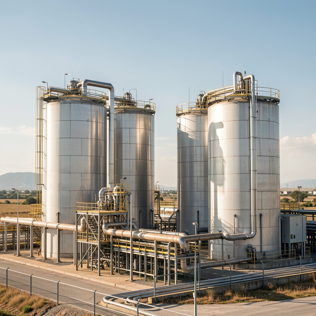 Refinería argentina con tanques cilíndricos y tuberías industriales sin personas